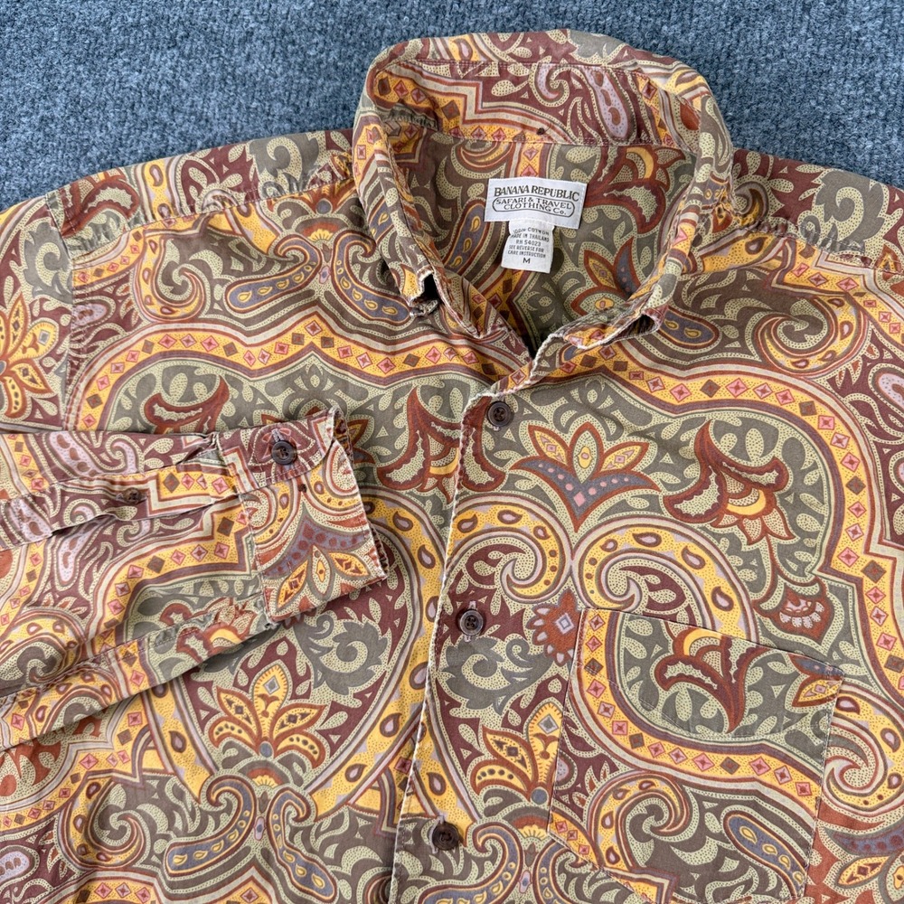 Vintage Banana Republic Shirt Mens M Brown Paisley Floral Art Travel Safari 90s
